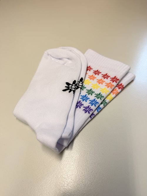 weiße Socken mit Edelweiß Logo in Regenbogenfarben